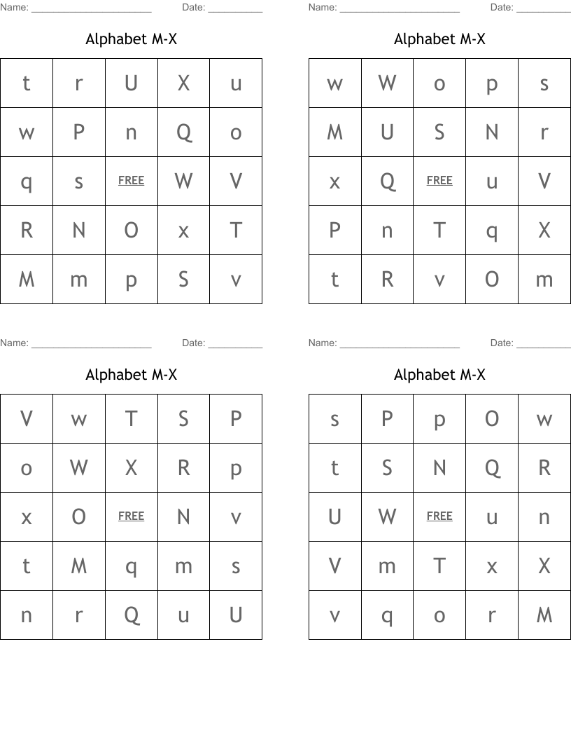 Alphabet M-X Bingo Cards