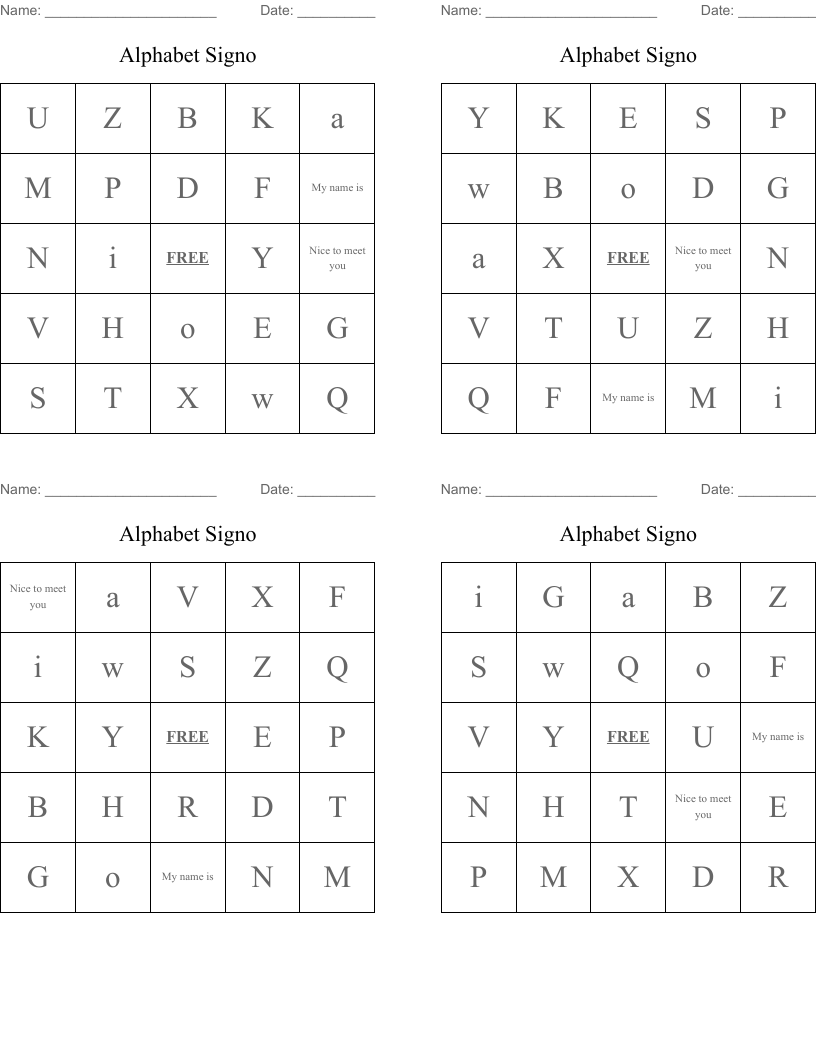 Alphabet Signo  Bingo Cards