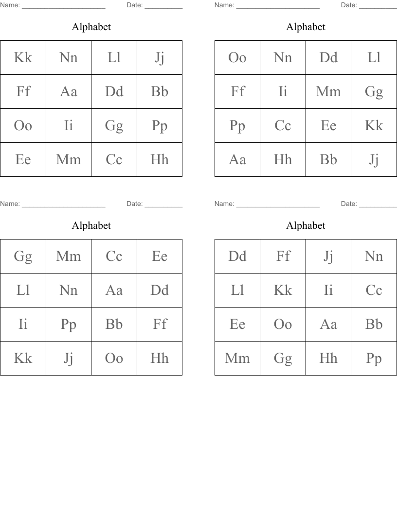 Alphabet  Bingo Cards