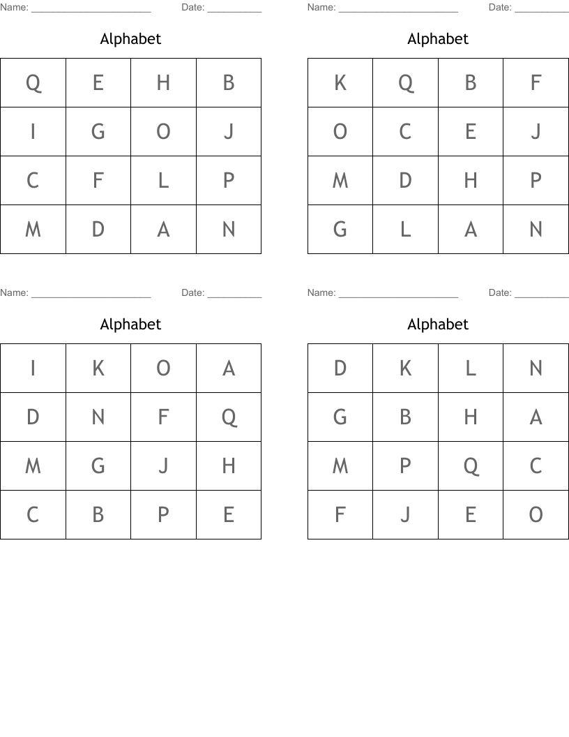 Alphabet  Bingo Cards