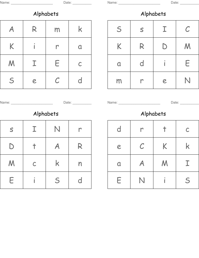 Alphabets Bingo Cards