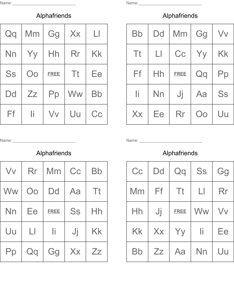 Alphafriends Bingo Cards