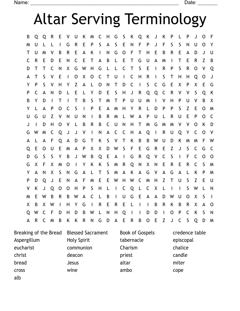 Altar Serving Terminology Word Search