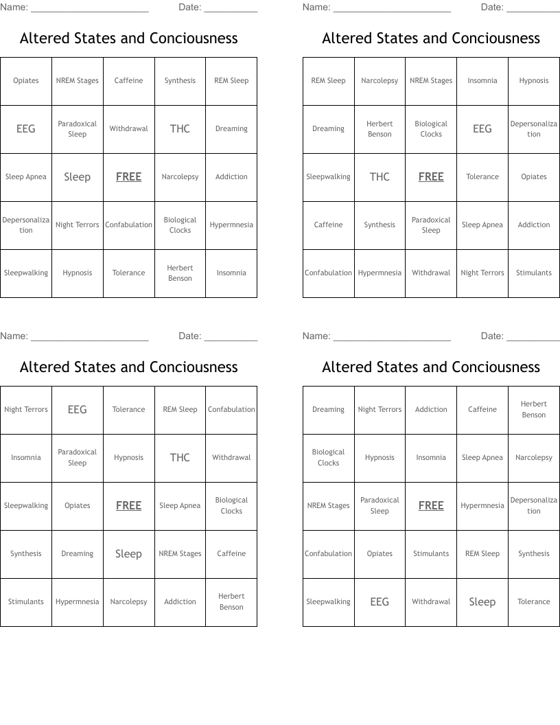 Altered States and Conciousness Bingo Cards