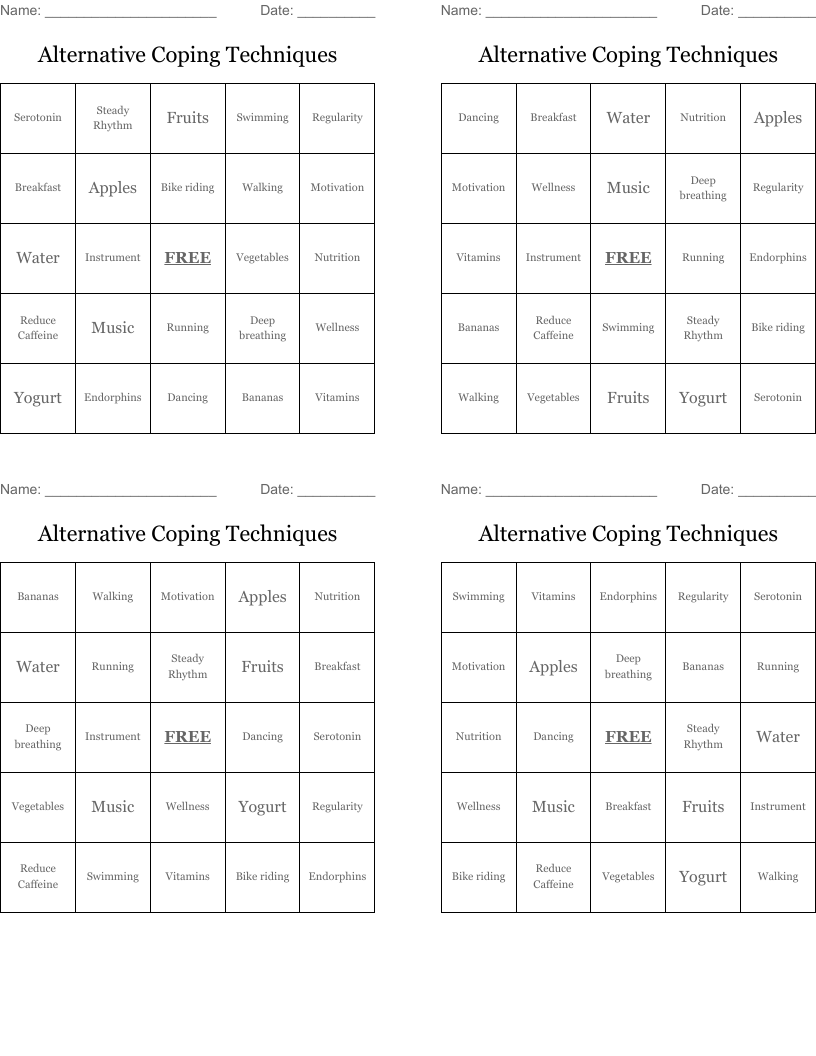 Alternative Coping Techniques Bingo Cards
