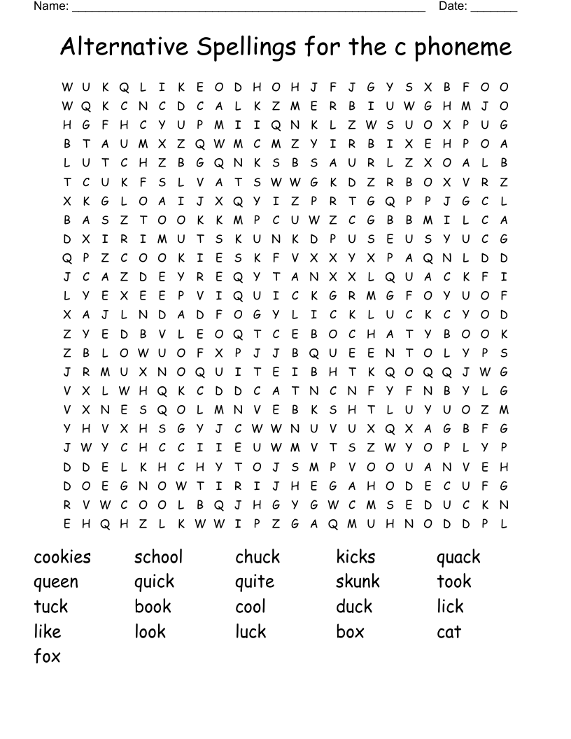 Alternative Spellings for the c phoneme Word Search