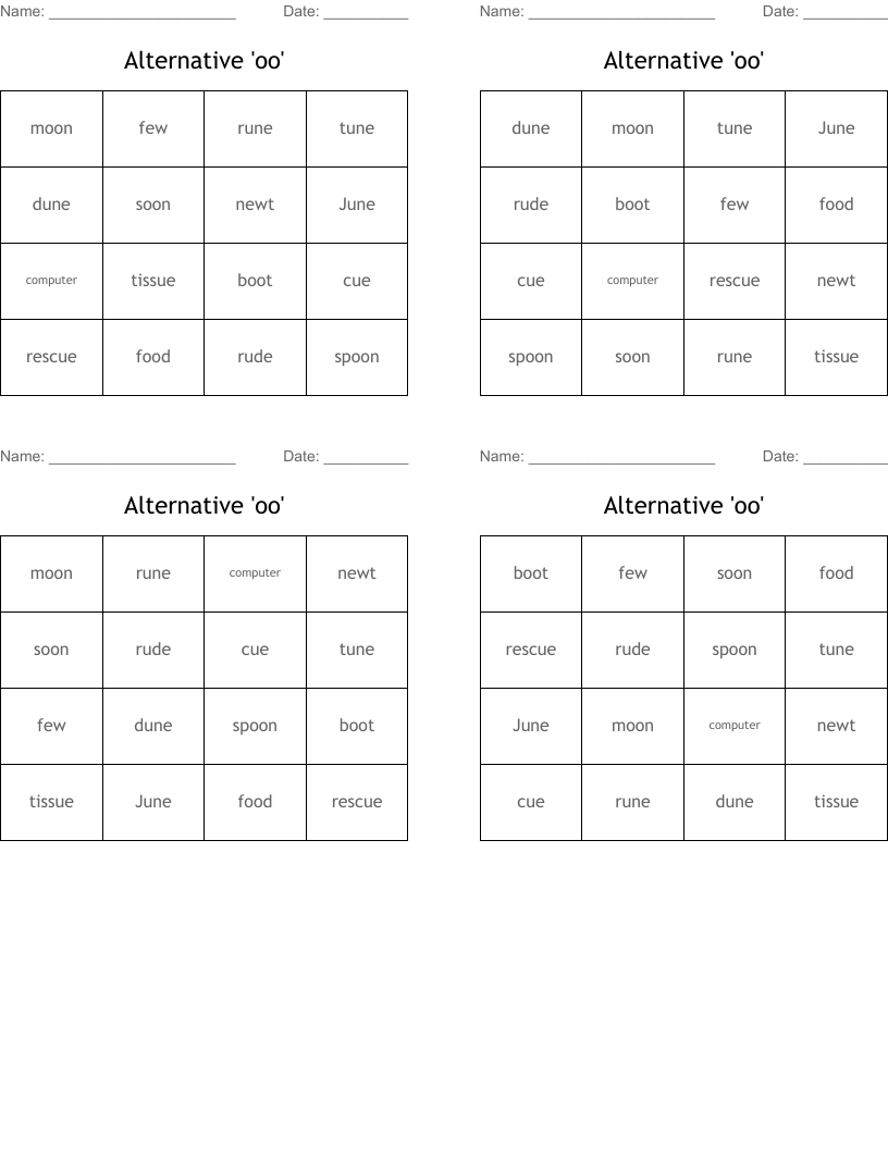 Alternative 'oo'  Bingo Cards
