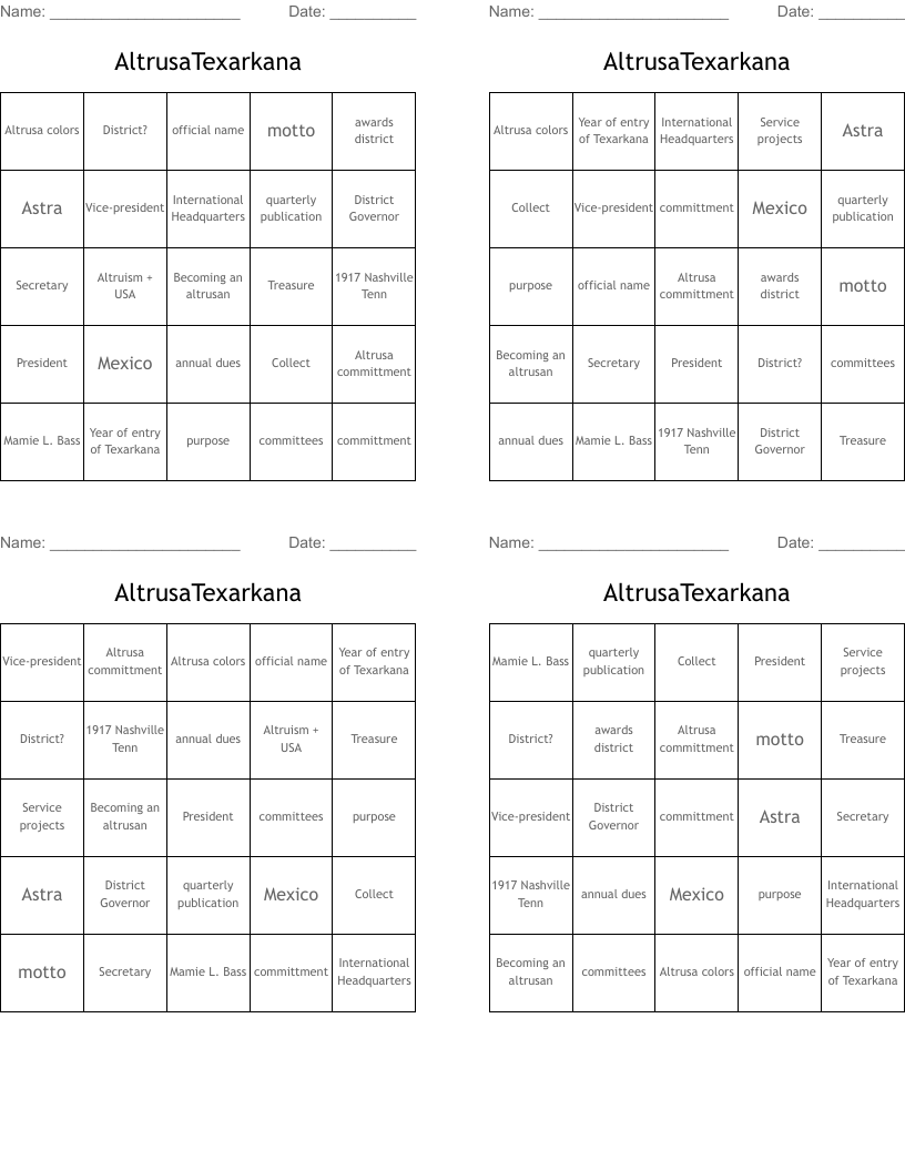 AltrusaTexarkana Bingo Cards