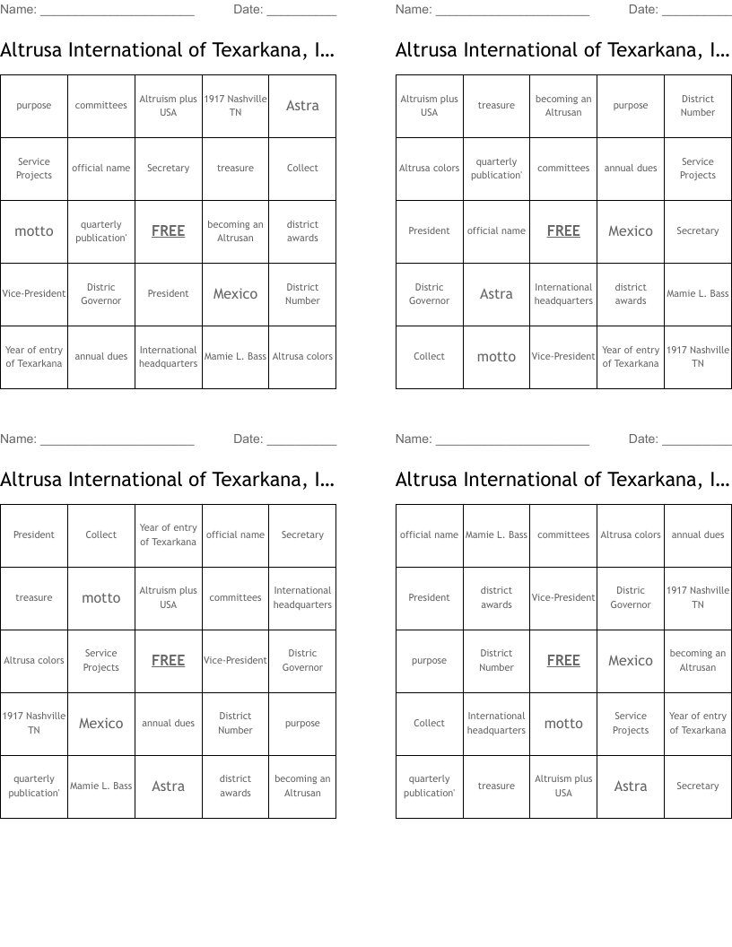 Altrusa International of Texarkana, Inc. USA Bingo Cards