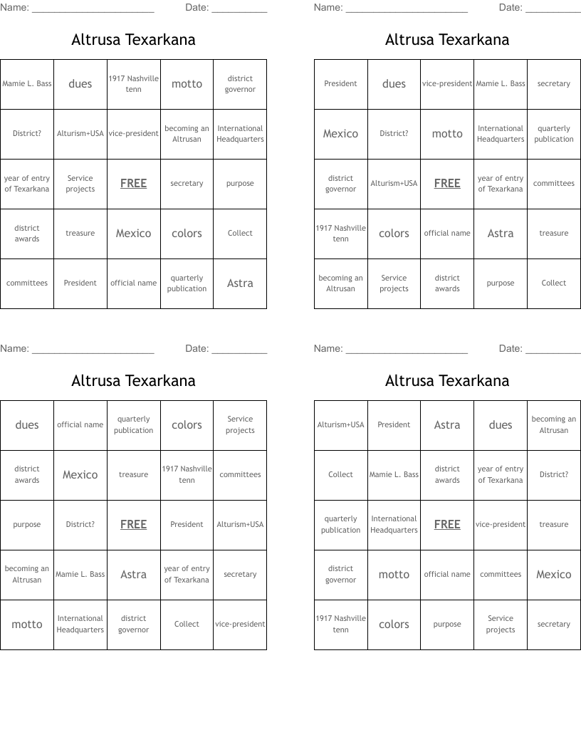 Altrusa Texarkana Bingo Cards