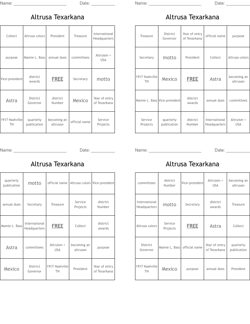 Altrusa Texarkana Bingo Cards