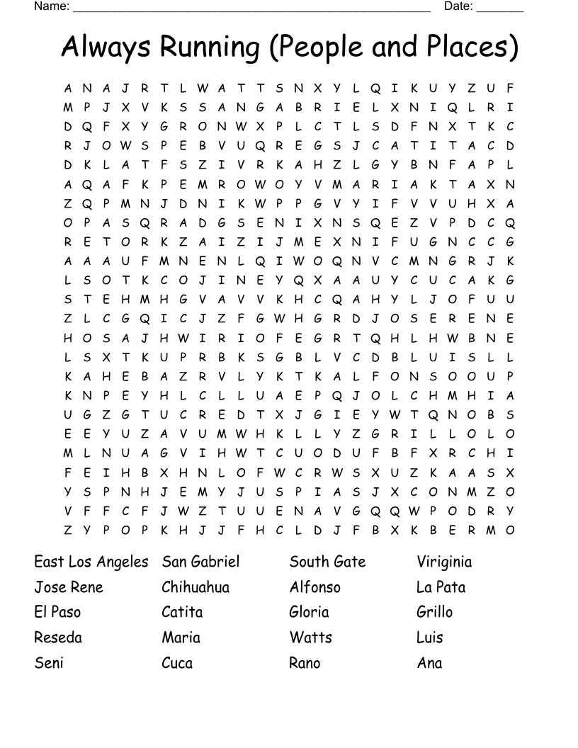Always Running (People and Places) Word Search