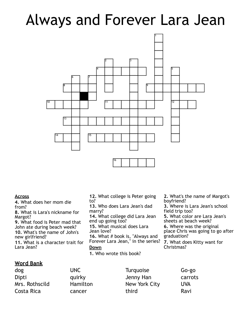 Always and Forever Lara Jean Crossword