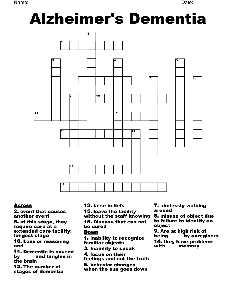 Alzheimer's Dementia Crossword