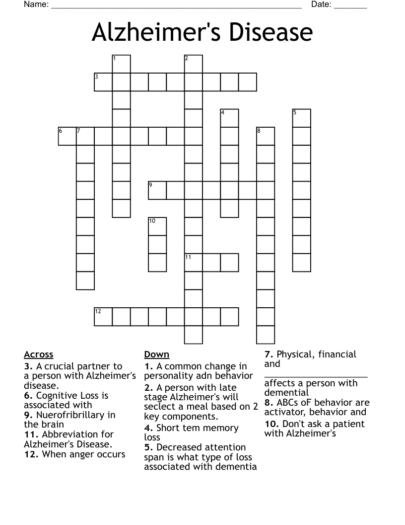 Alzheimer's Disease Crossword