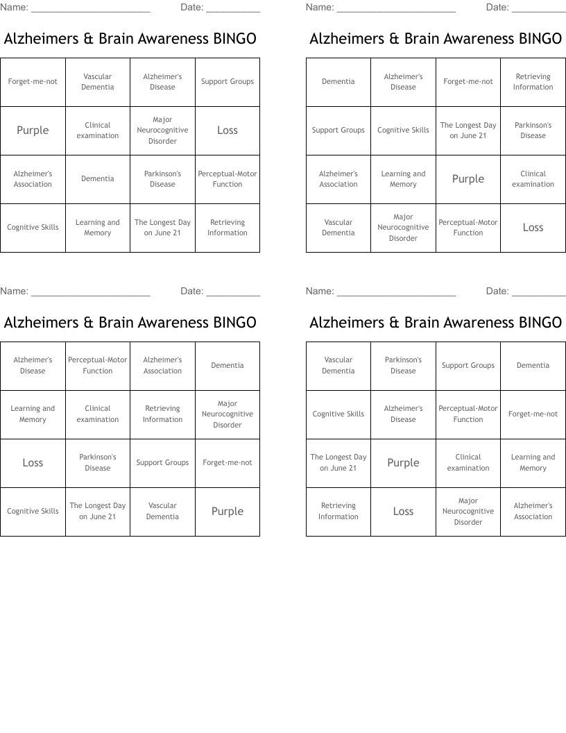 Alzheimers & Brain Awareness BINGO