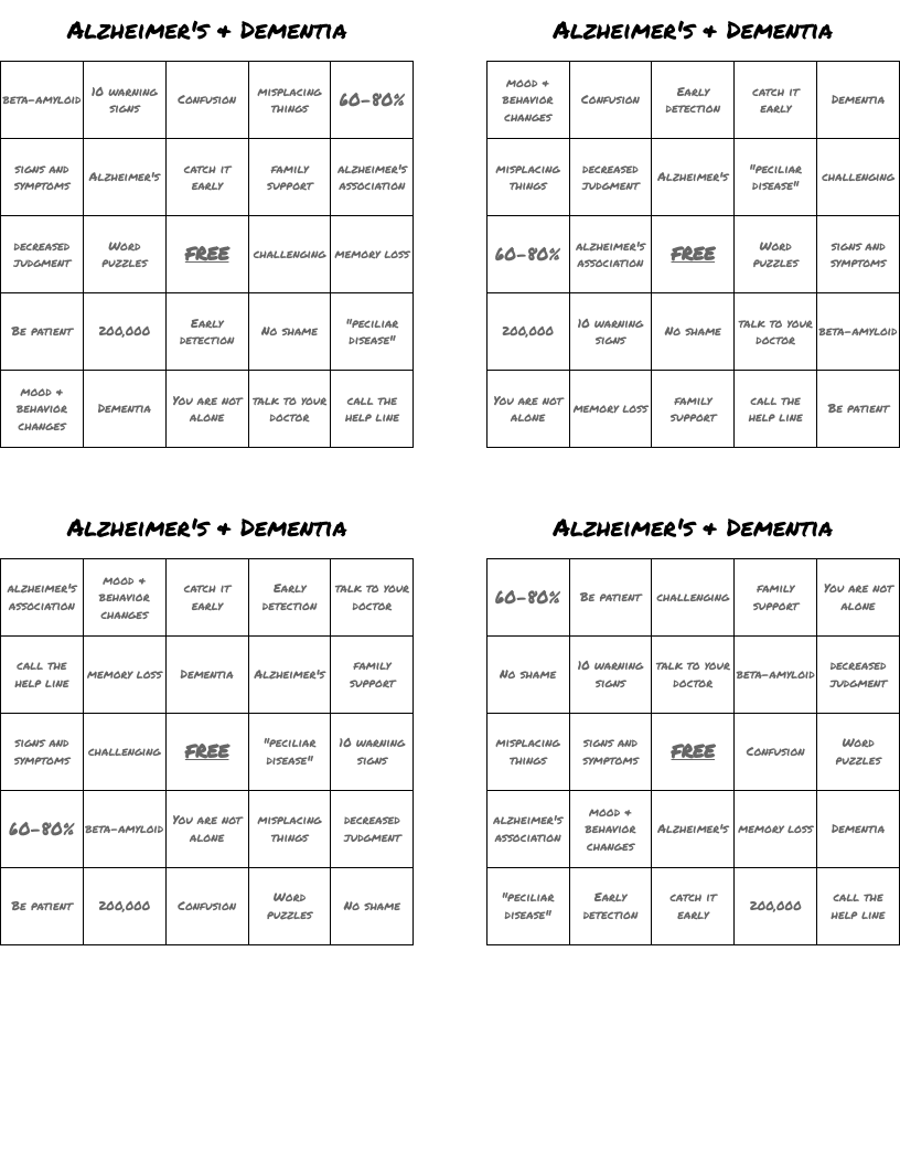 Alzheimer's & Dementia Bingo Cards