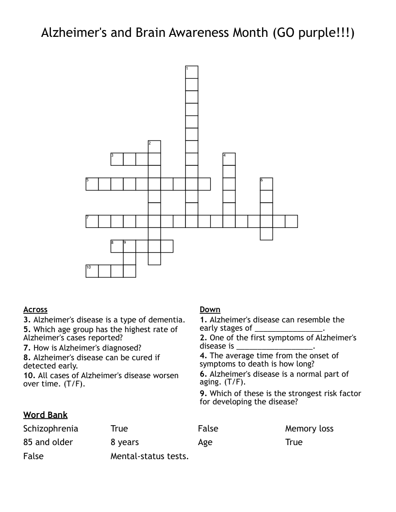 Alzheimer's and Brain Awareness Month (GO purple!!!) Crossword