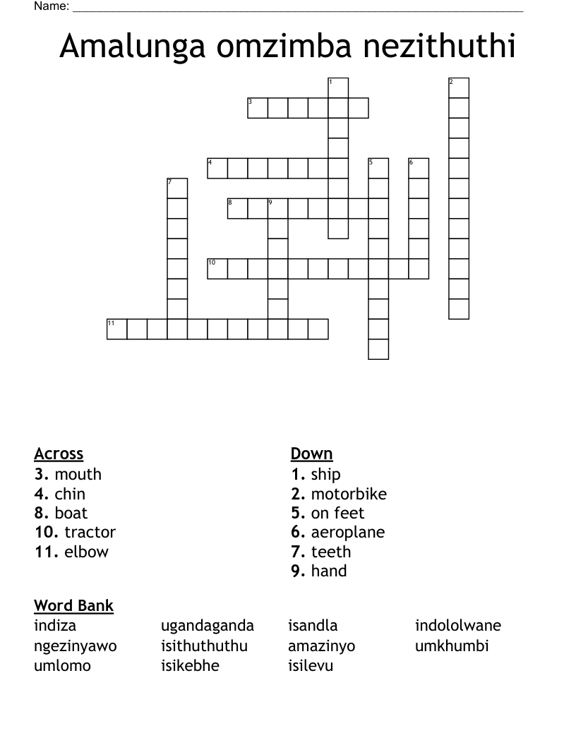 Amalunga omzimba nezithuthi Crossword