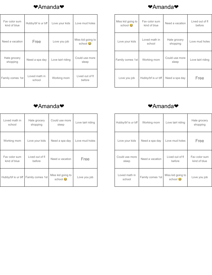 ❤Amanda❤ Bingo Cards