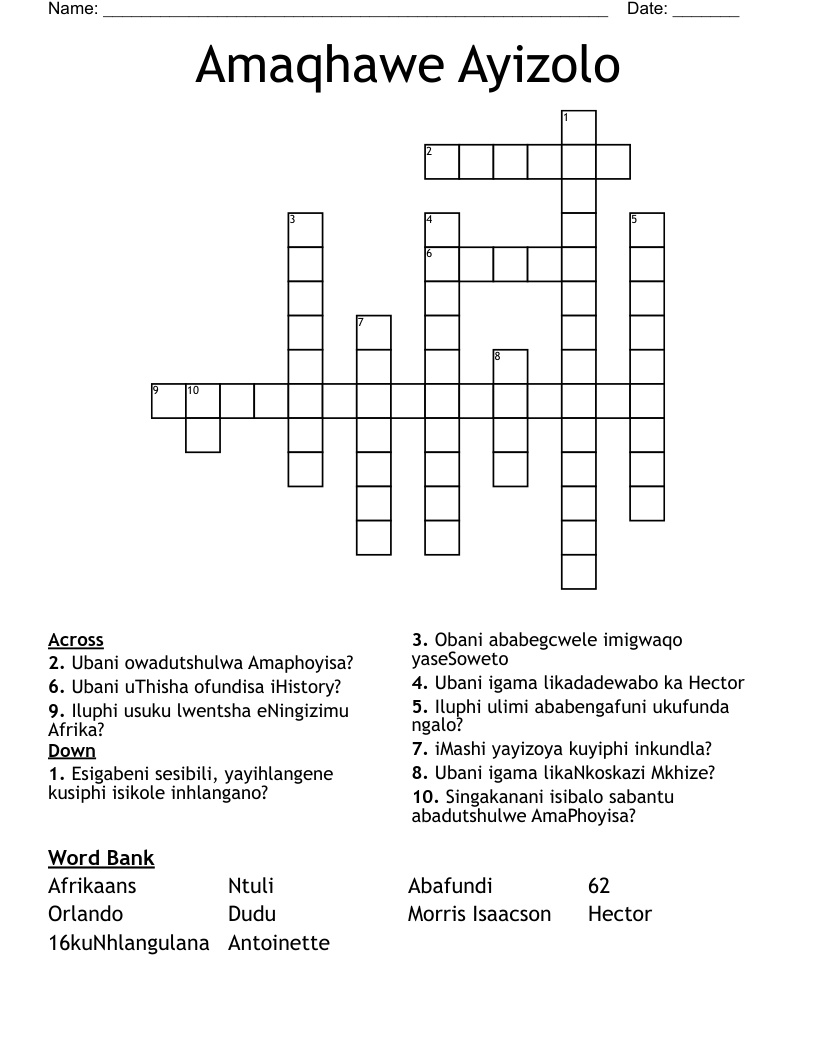 Amaqhawe Ayizolo Crossword