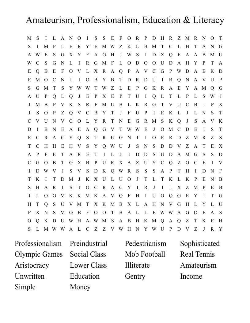 Amateurism, Professionalism, Education & Literacy Word Search
