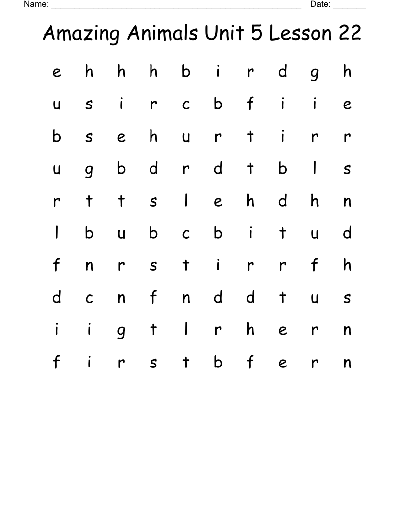 Amazing Animals Unit 5 Lesson 22 Word Search
