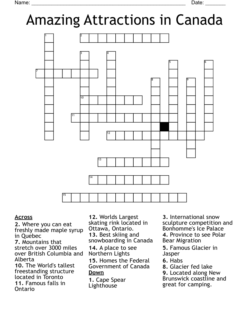 Amazing Attractions in Canada Crossword