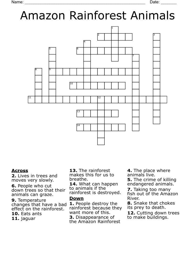 Amazon Rainforest Animals Crossword