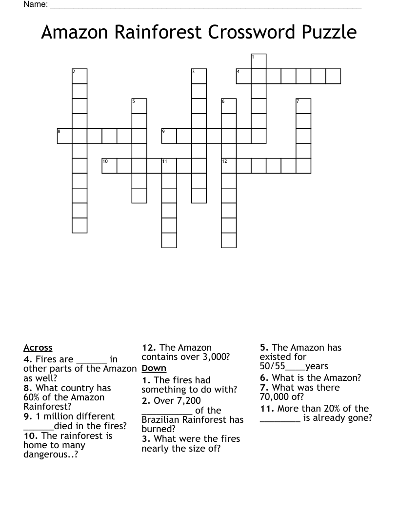 Amazon Rainforest Crossword Puzzle