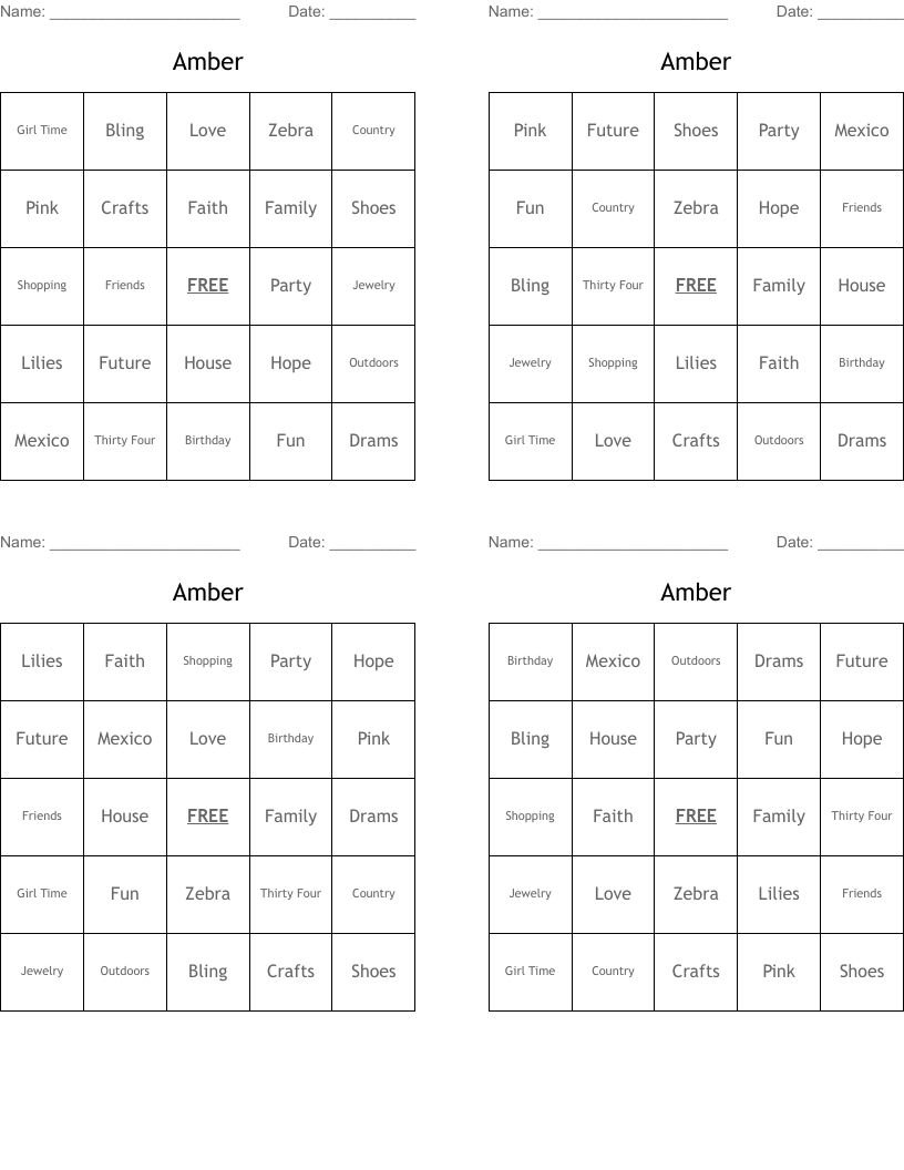 Amber Bingo Cards