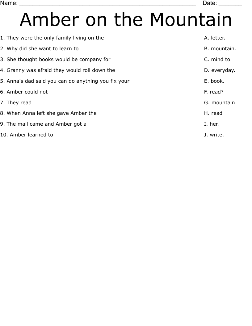 Amber on the Mountain Worksheet