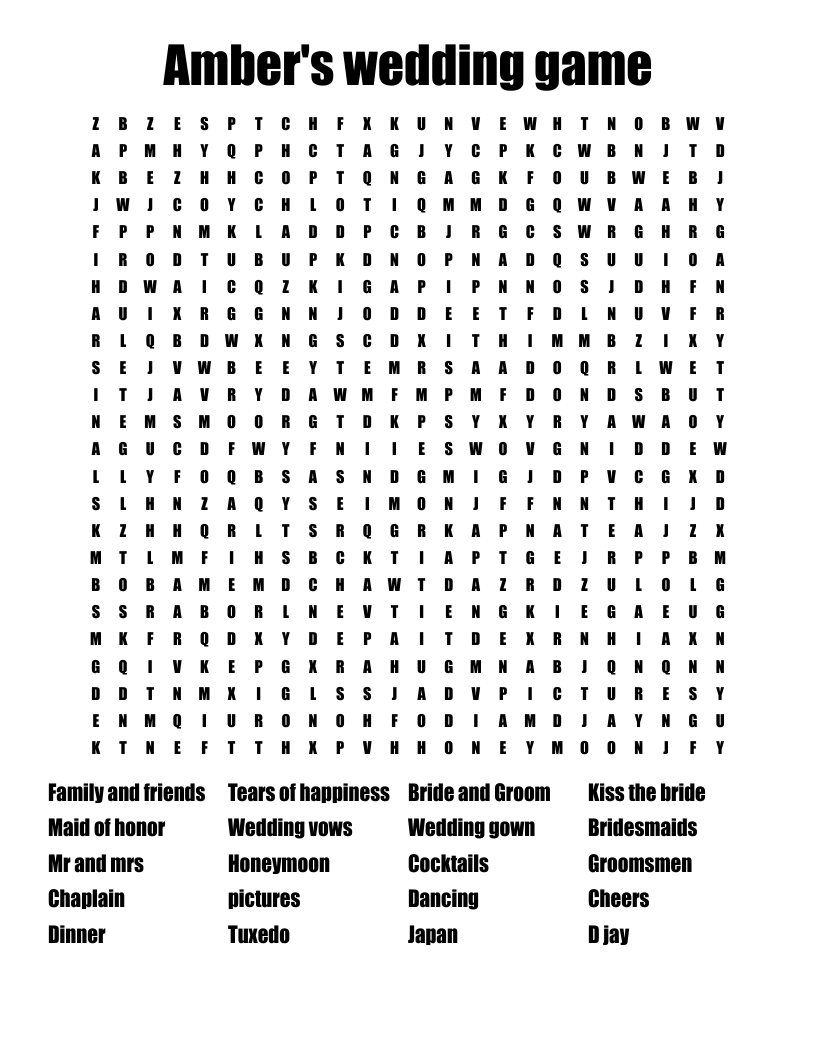 Amber's wedding game Word Search