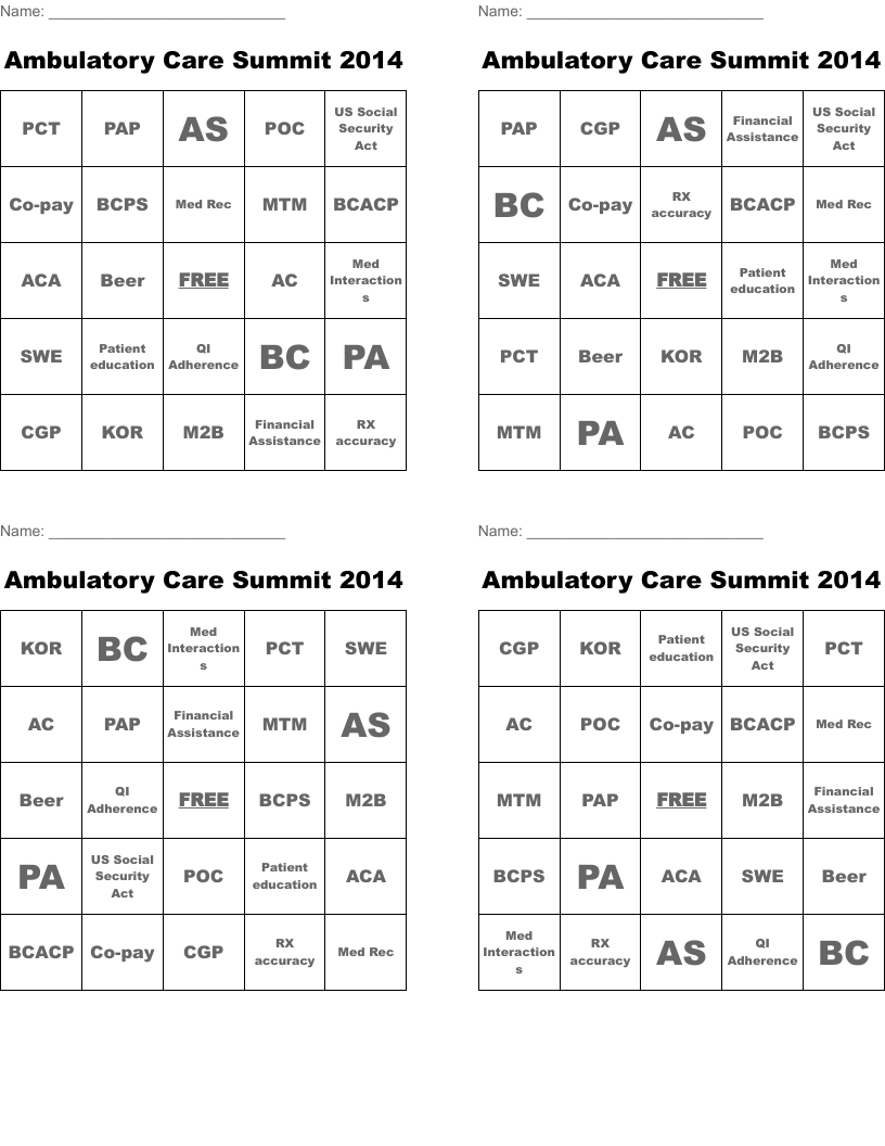 Ambulatory Care Summit 2014 Bingo Cards