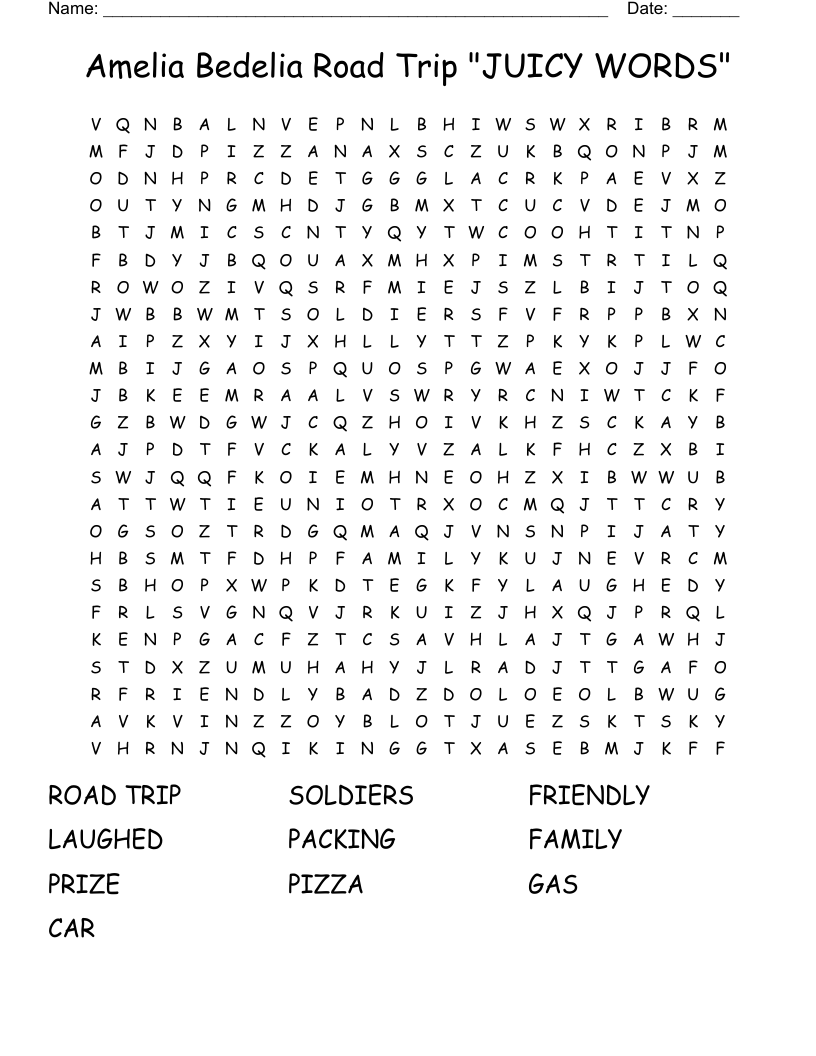 Amelia Bedelia Road Trip "JUICY WORDS" Word Search