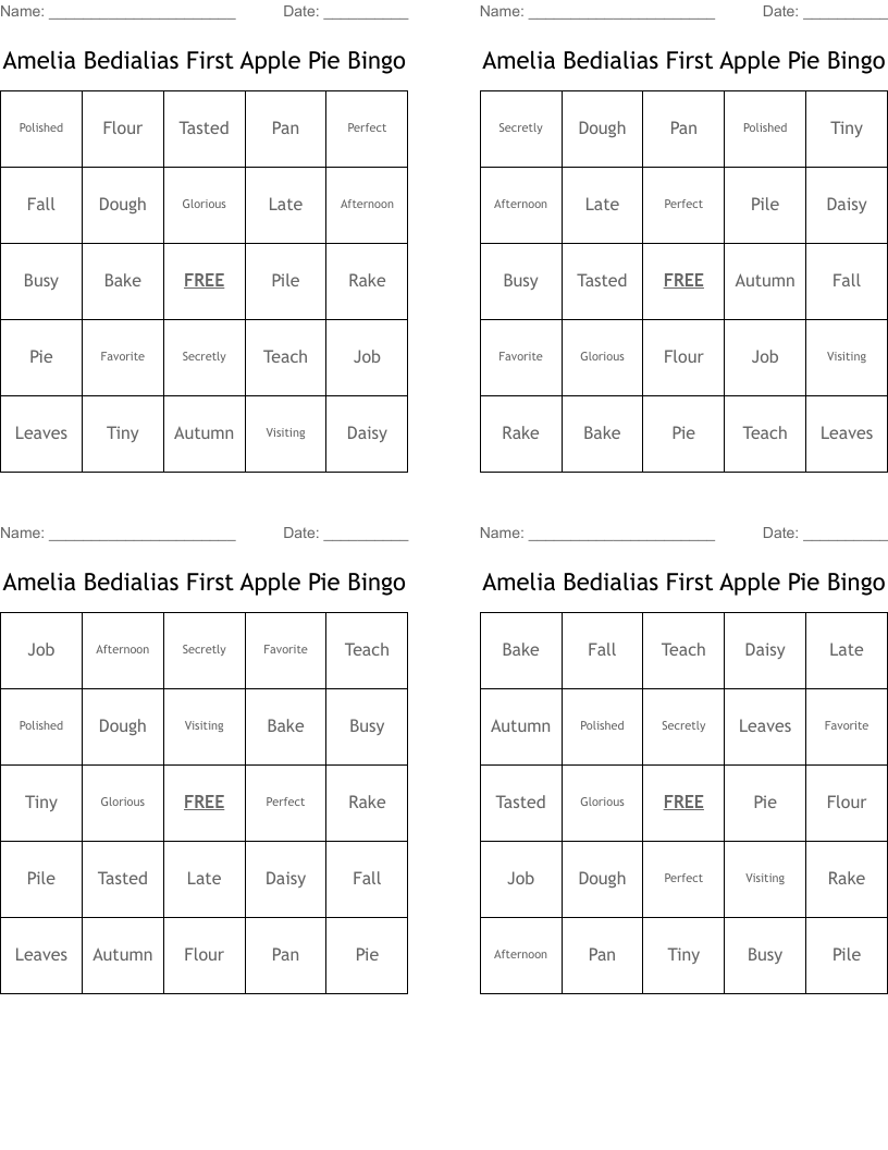 Amelia Bedialias First Apple Pie Bingo