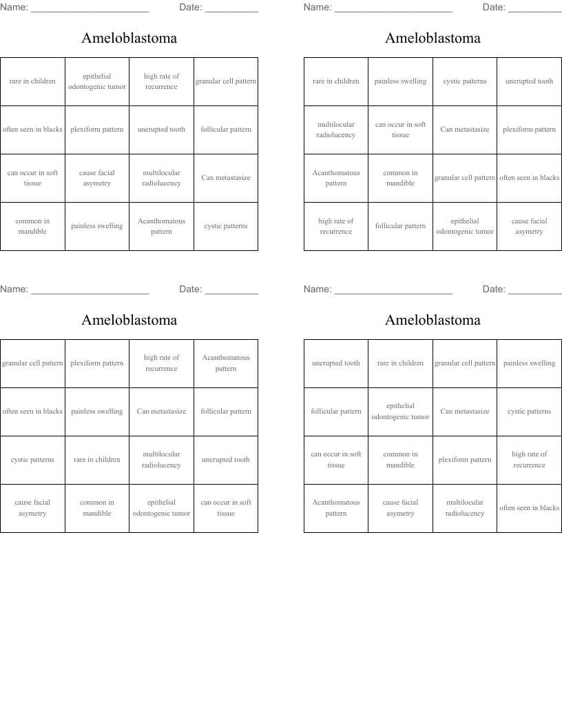 Ameloblastoma Bingo Cards