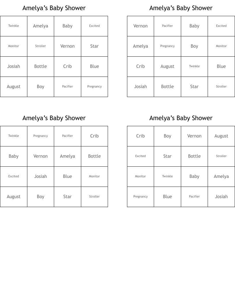 Amelya’s Baby Shower Bingo Cards