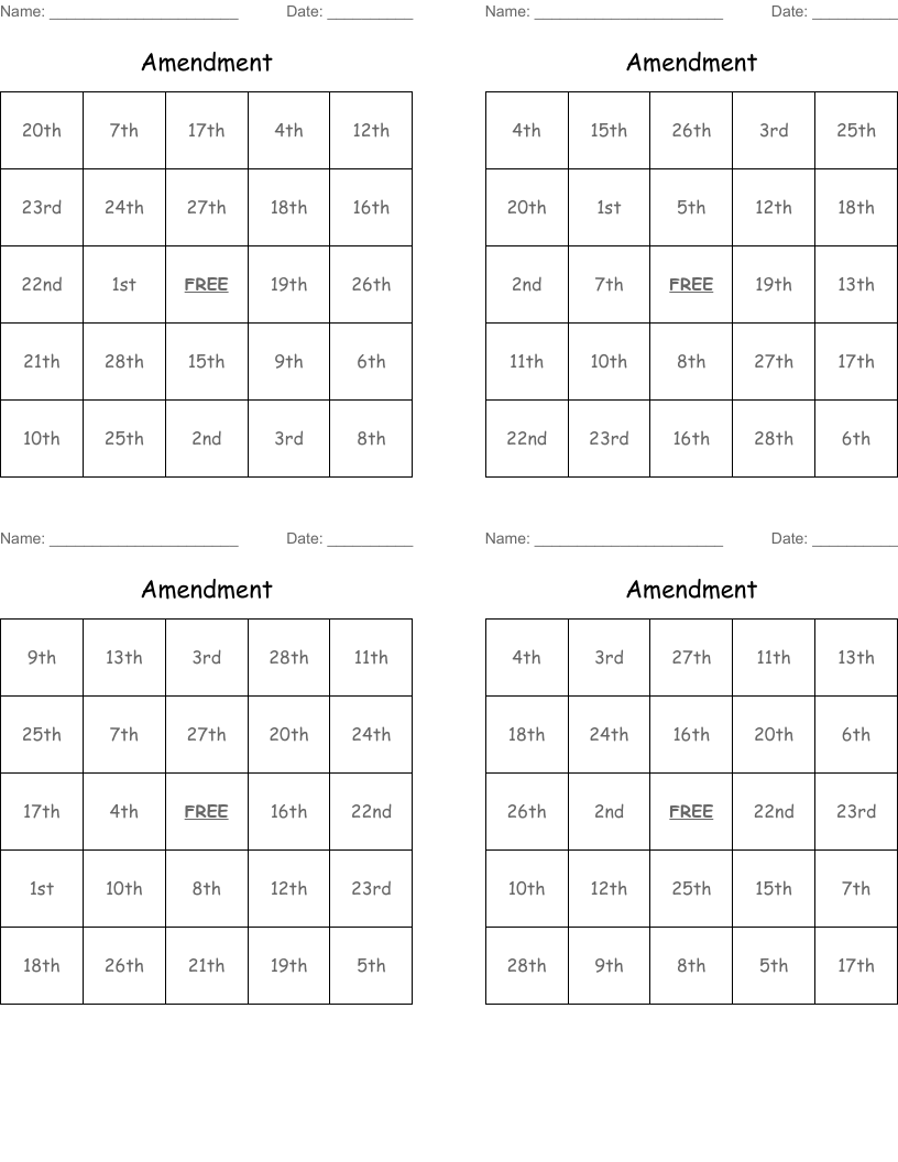 Amendment Bingo Cards