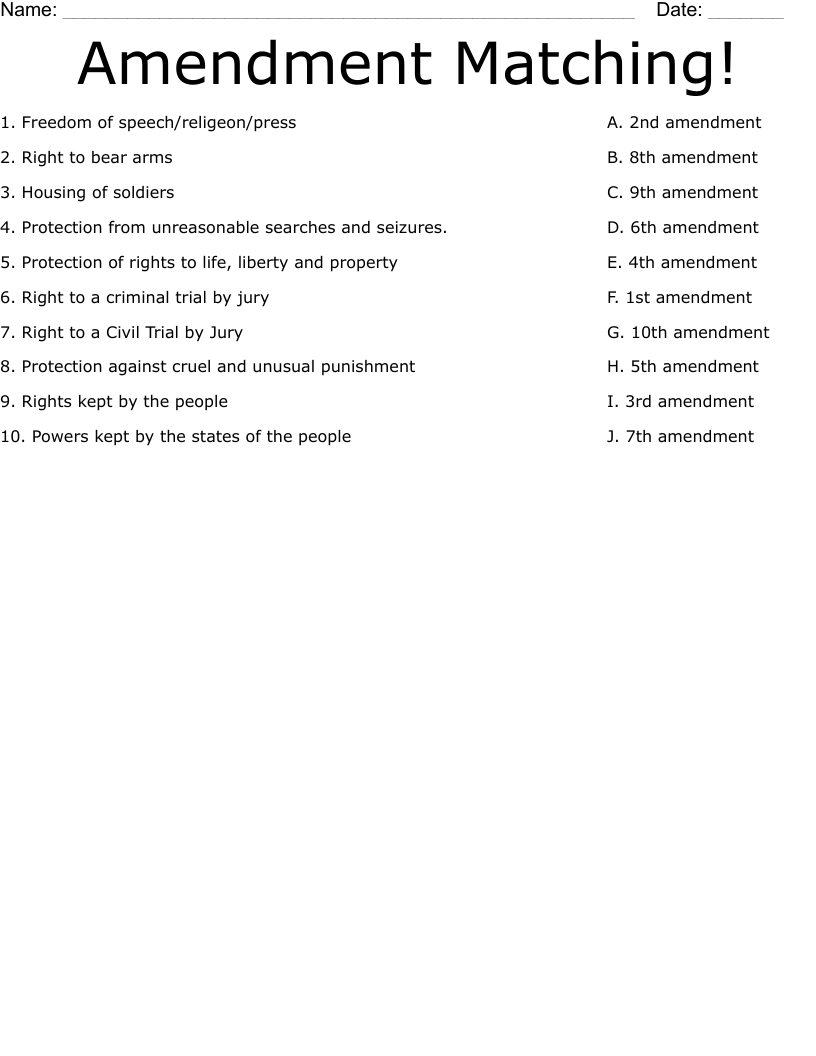 Amendment Matching! Worksheet