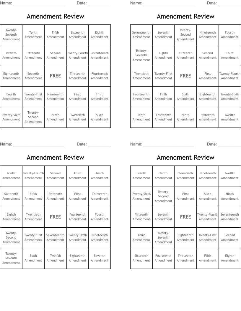 Amendment Review  Bingo Cards