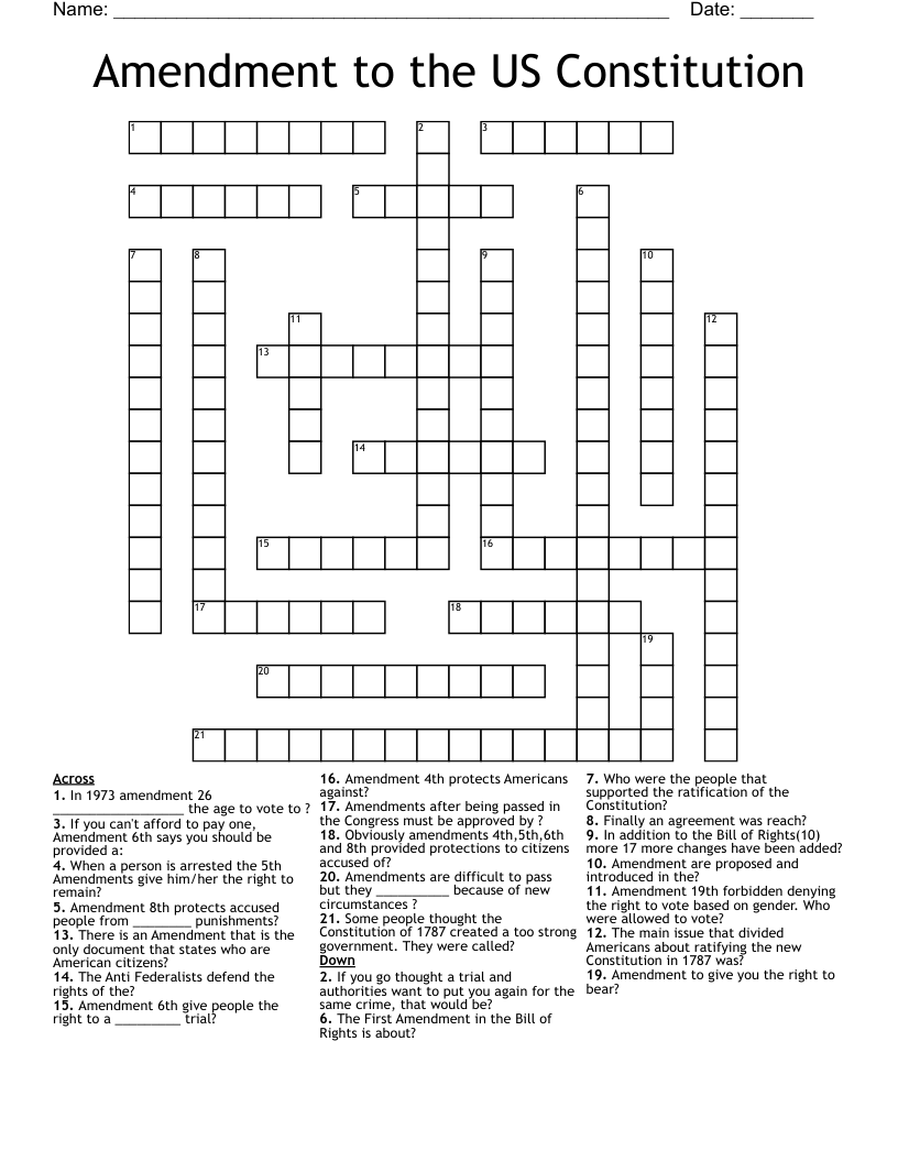 Amendment to the US Constitution Crossword