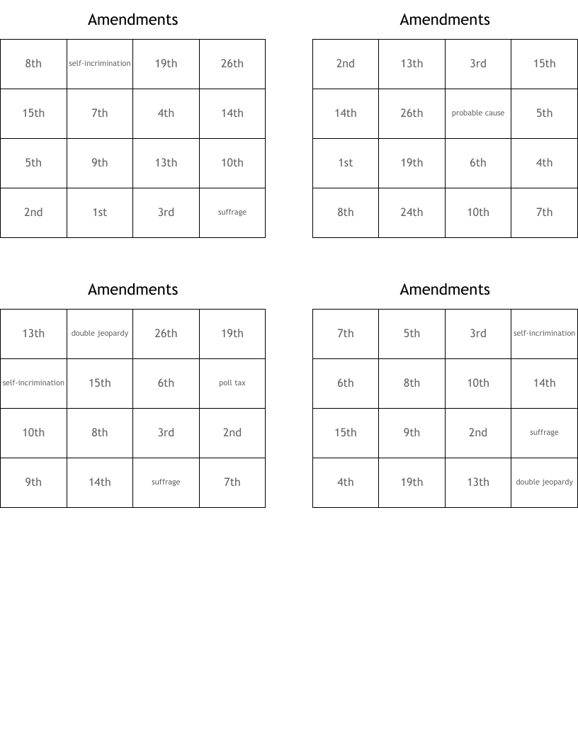 Amendments Bingo Cards