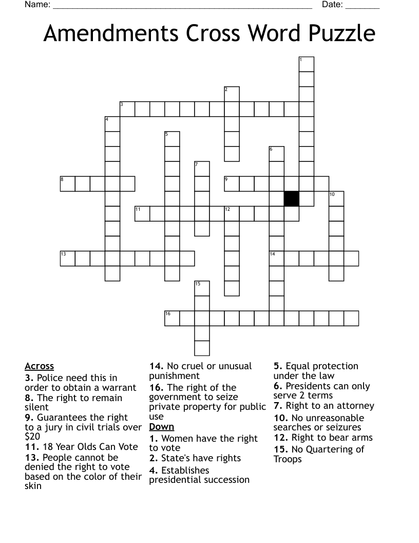 Amendments Cross Word Puzzle