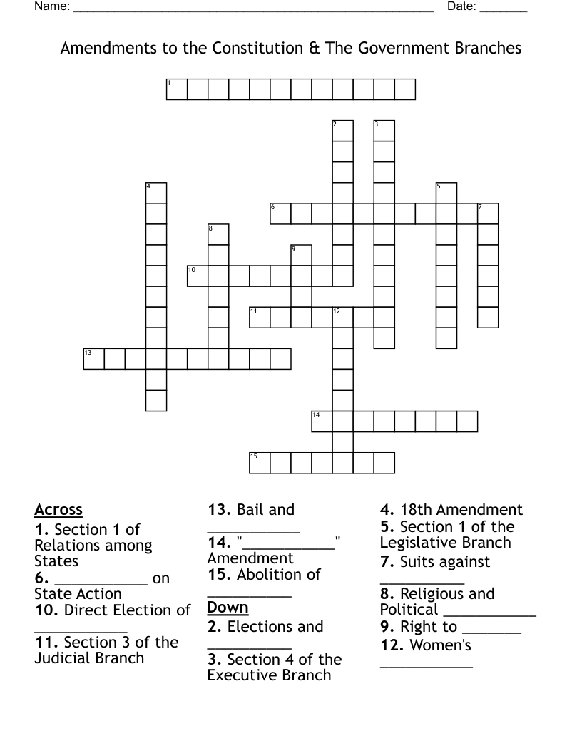 Amendments to the Constitution & The Government Branches Crossword
