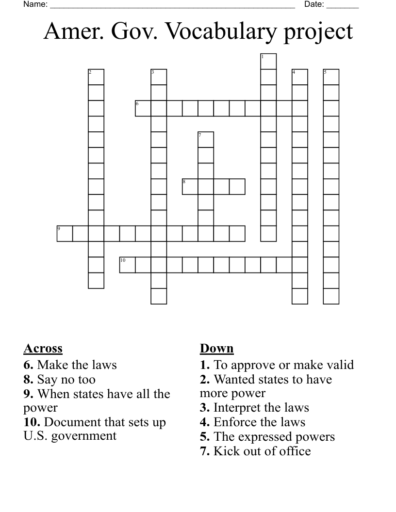 Amer. Gov. Vocabulary project Crossword