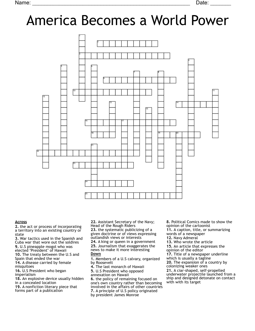 America Becomes a World Power Crossword