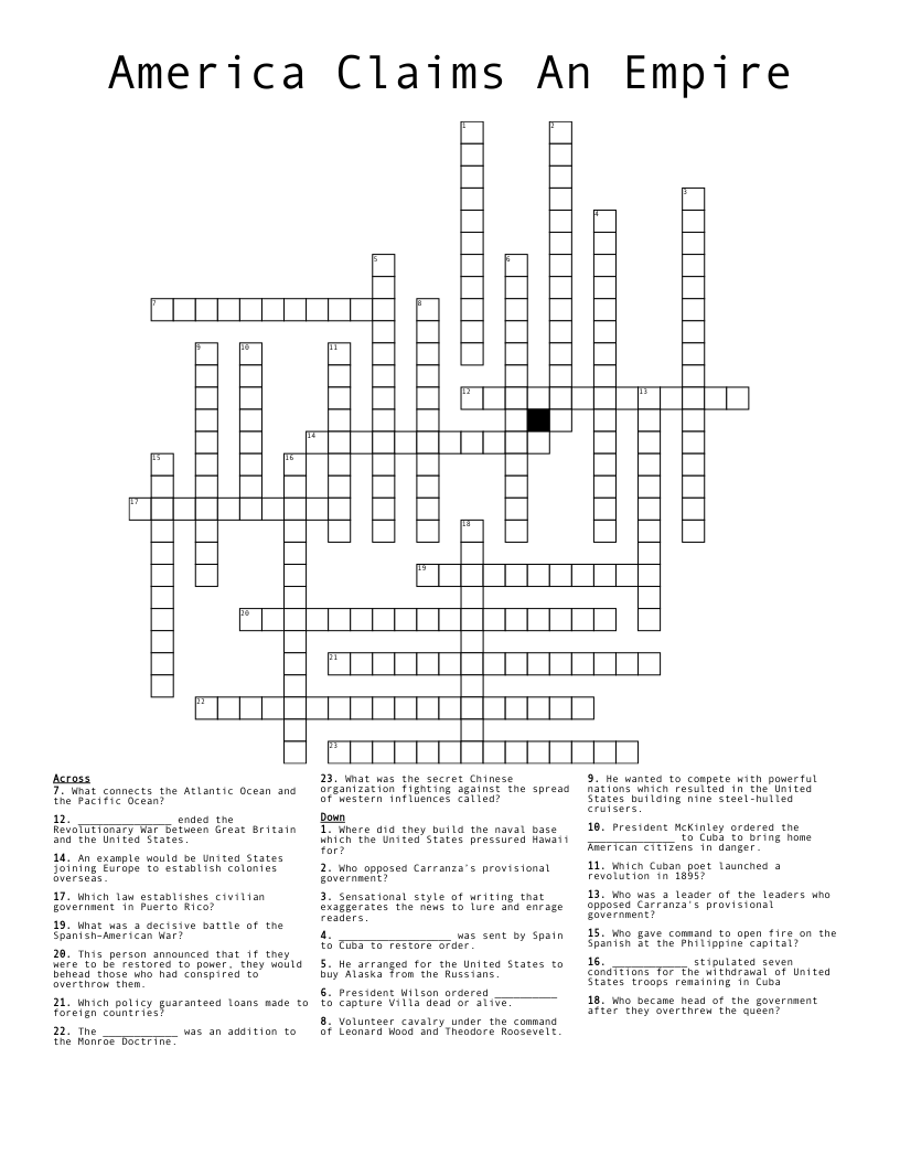 America Claims An Empire  Crossword