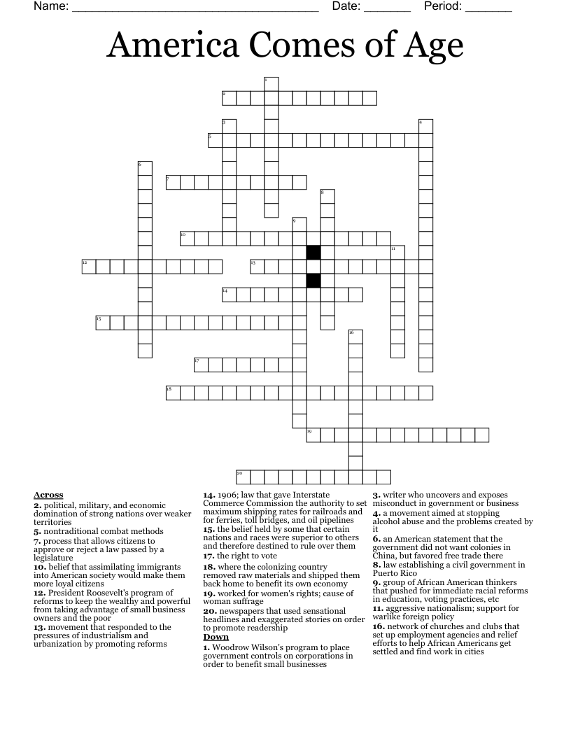 America Comes of Age Crossword