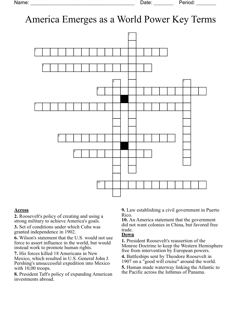 America Emerges as a World Power Key Terms Crossword